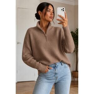 NWT ANRABESS Taupe Ribbed Half Zip Sweater Large Oversized Cozy Pullover